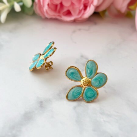 Aros Flor Turquesa - Enchape Oro