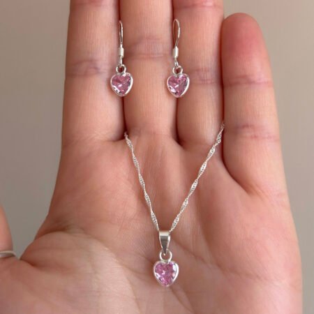 Conjunto Circón de Corazón Rosa - Plata 925